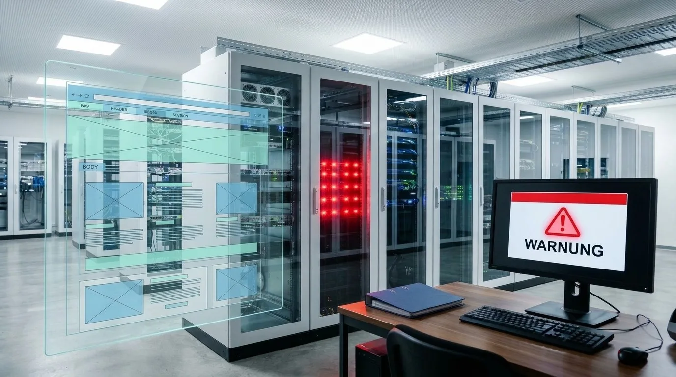 Serverraum mit rot leuchtenden Statusanzeigen und einem Warnfenster auf dem Monitor