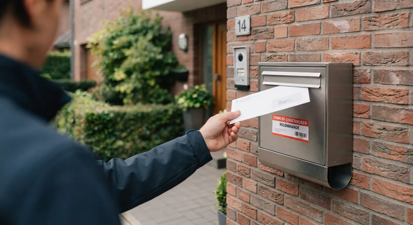 Ein Zusteller steht mit einem Brief und einem Handscanner vor einer Reihe moderner Briefkästen im hellen Eingangsbereich eines Wohnhauses.