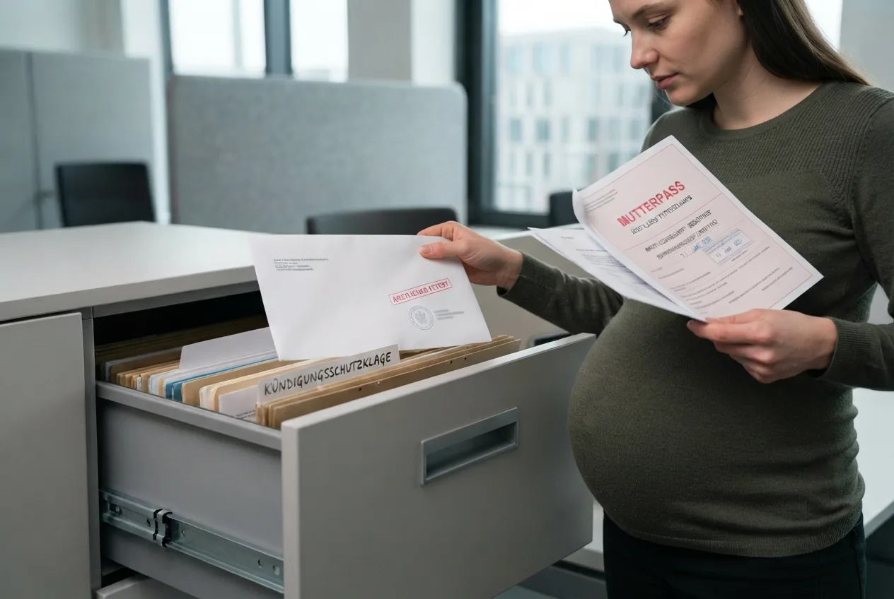 Junge Frau sitzt in einem hellen, modernen Büro am Schreibtisch, hält ein Schreiben in der Hand und blickt nachdenklich aus dem Fenster.