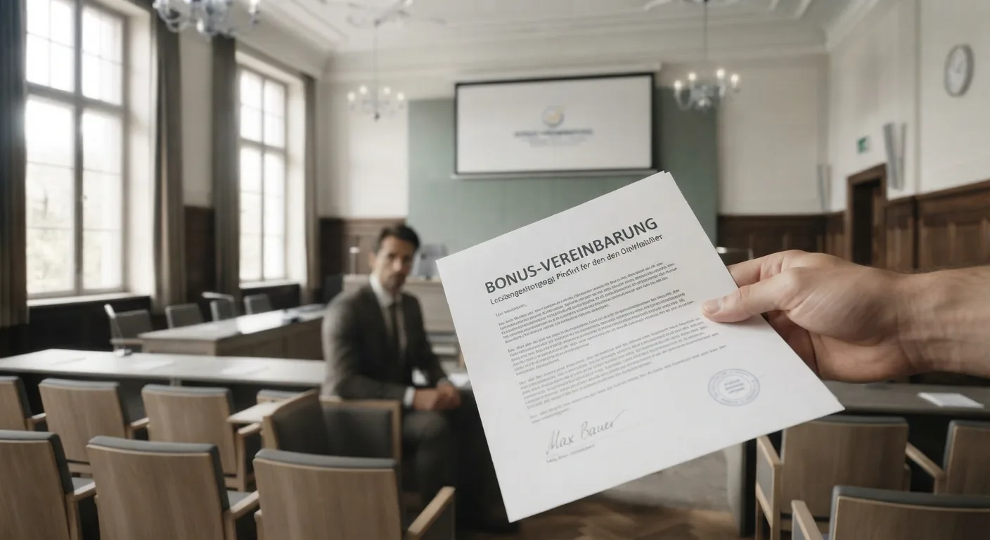 Mann im dunkelblauen Sakko sitzt in einem hellen, modernen Büro am Schreibtisch und liest skeptisch ein Schreiben, vor dem Fenster herbstlich gefärbte Bäume.