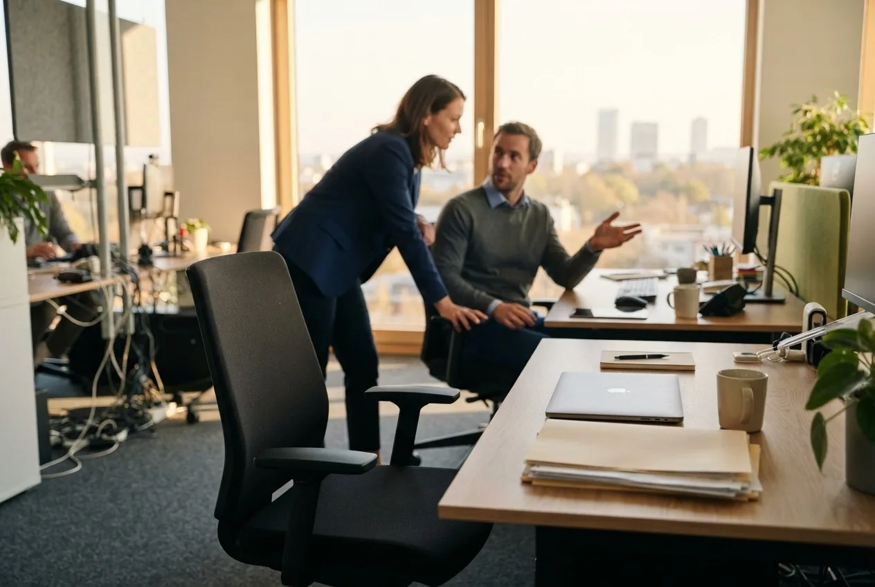Vier Kollegen besprechen sich an einem Tisch in einem hellen, modernen Büro.