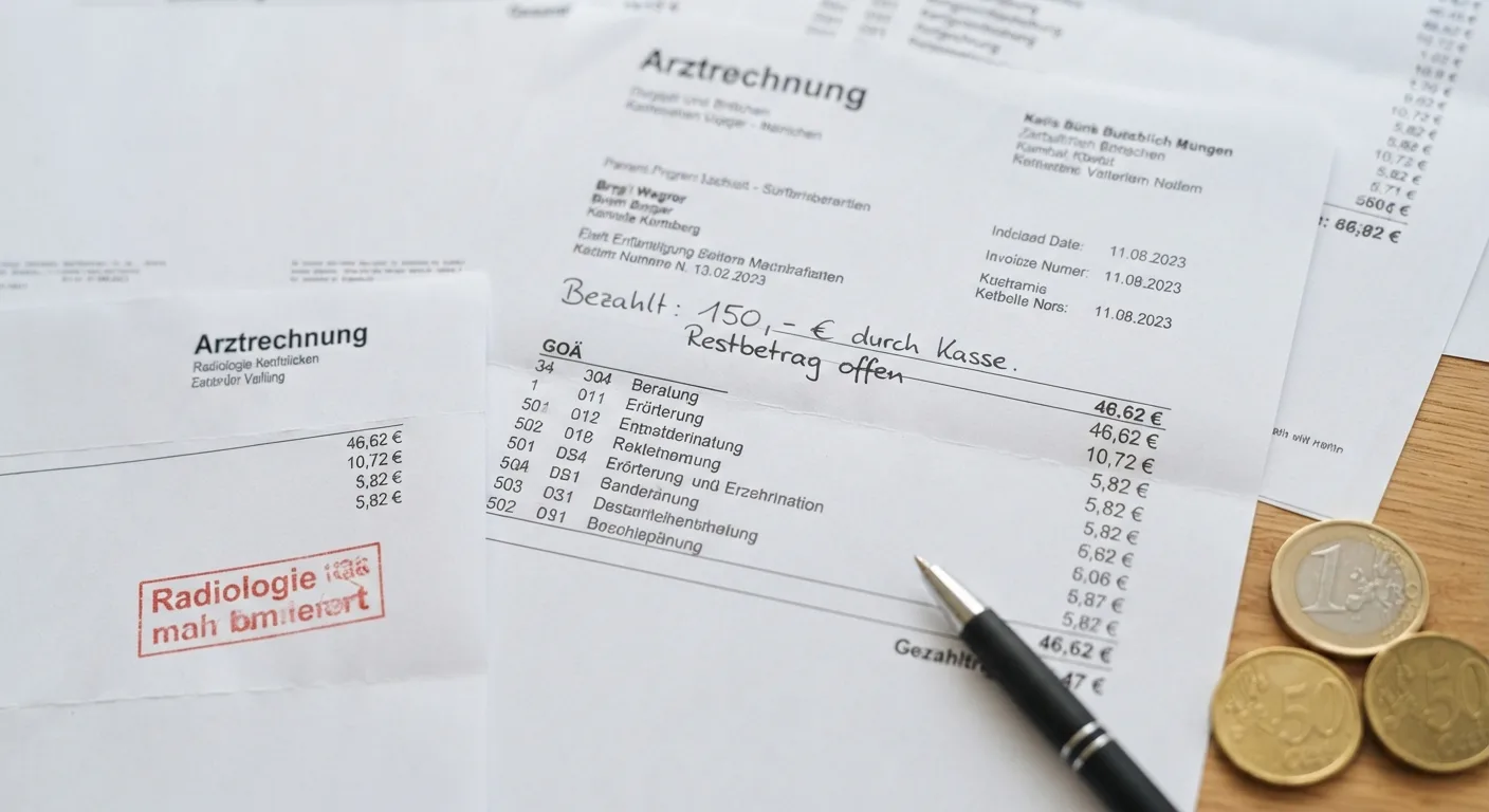 Frau sortiert am hellen Esstisch Arztrechnungen in eine Mappe, daneben ein zugeklappter Laptop.