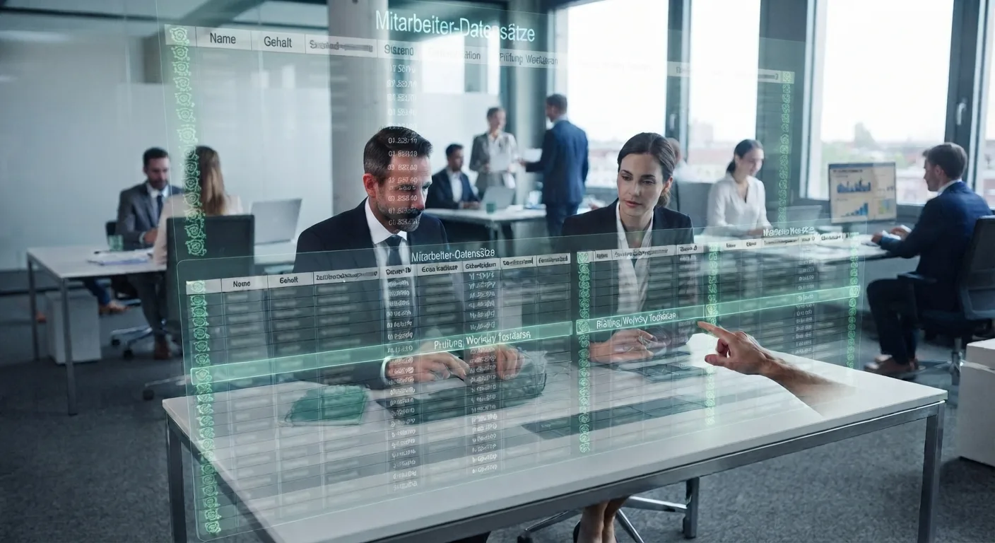 Zwei Mitarbeiter einer Personalabteilung sitzen in einem hellen Büro vor einem Laptop und bereiten einen Softwaretest vor.