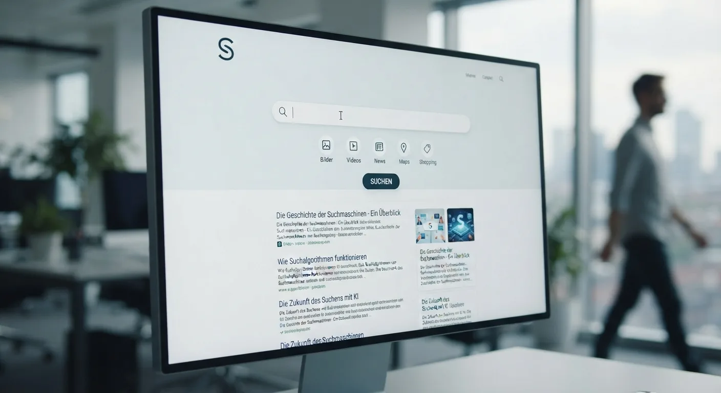 Schreibtisch in einem hellen Großraumbüro mit Laptop, dunkelblauem Notizbuch und einem Stapel Broschüren mit leeren Umschlägen.