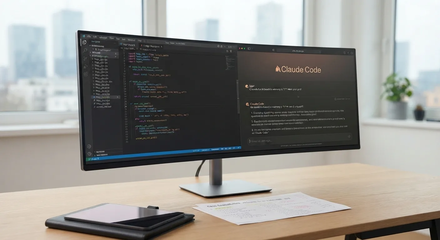 Blick von oben auf einen Schreibtisch mit drei geöffneten Laptops nebeneinander, eine Hand hält ein Diktiergerät.