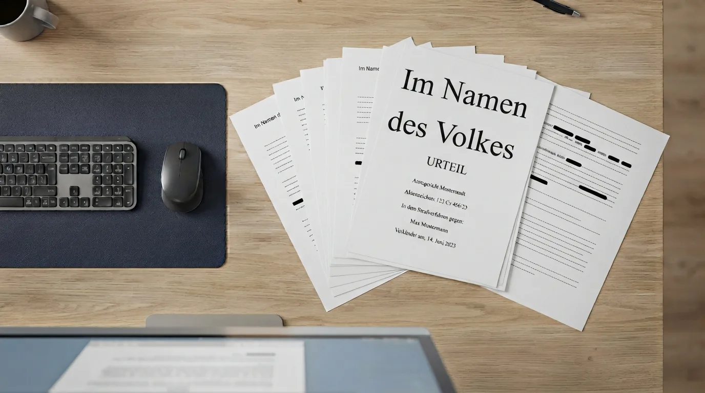 Stapel gedruckter Gerichtsakten neben einem aufgeklappten Laptop und einem schwarzen Markierstift auf einem hellen Schreibtisch.