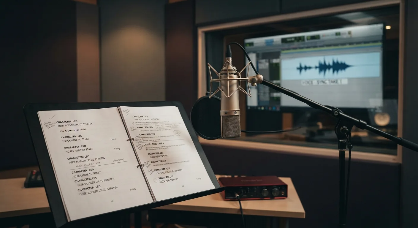 Sprecher mit Kopfhörern steht in einem hellen, modernen Tonstudio vor einem Mikrofon.