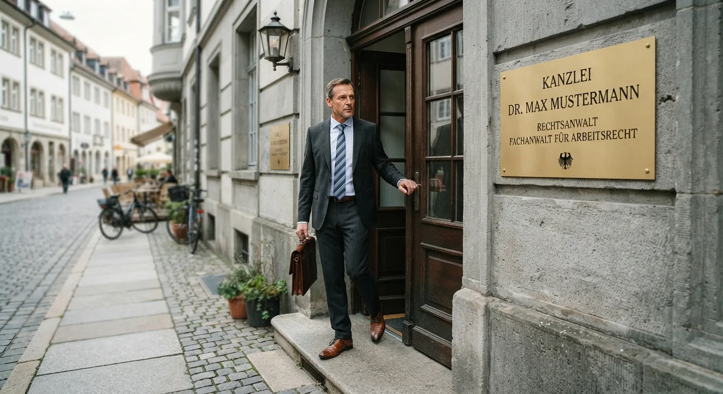 Leerer Bürostuhl an einem Kanzleischreibtisch mit Laptop und geschlossener Akte