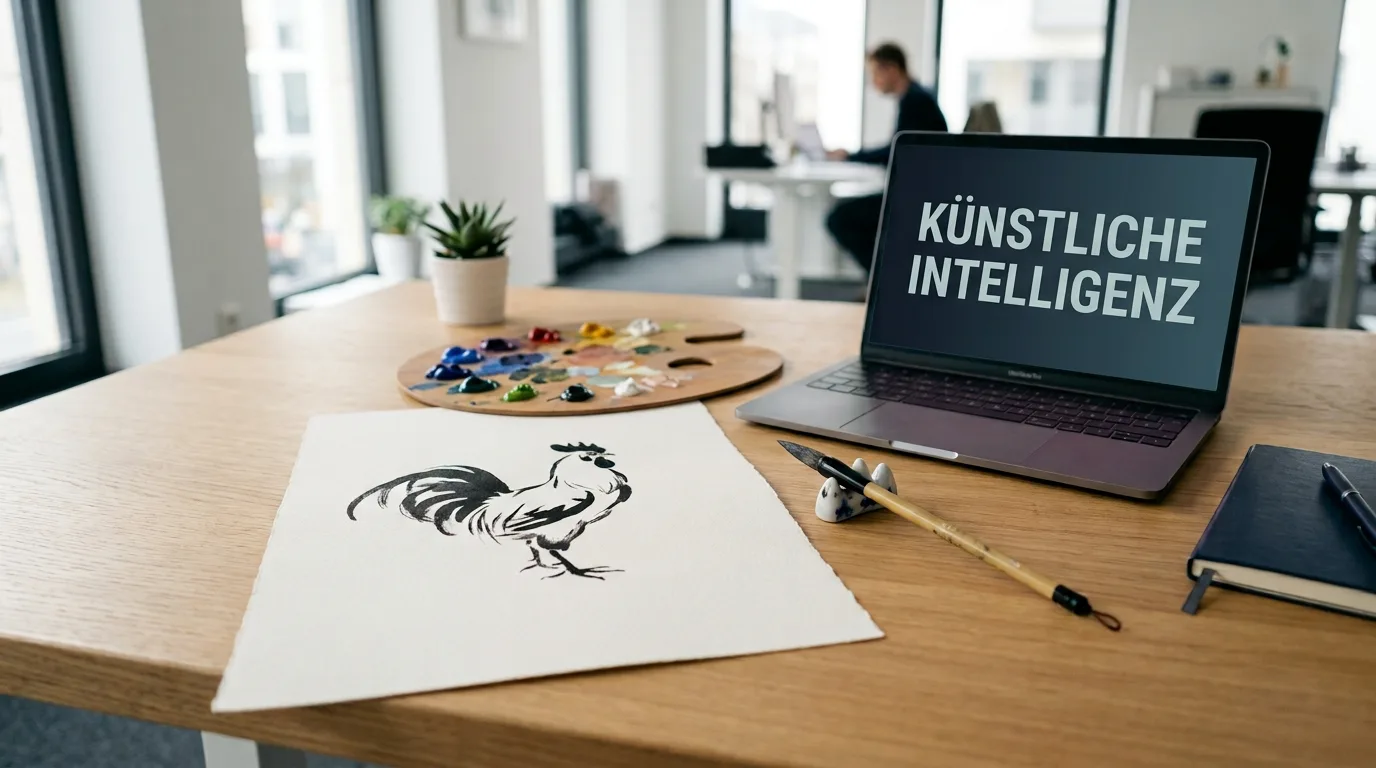 Tuschezeichnung eines Hahns auf einem modernen Kanzleischreibtisch neben einem geschlossenen Laptop
