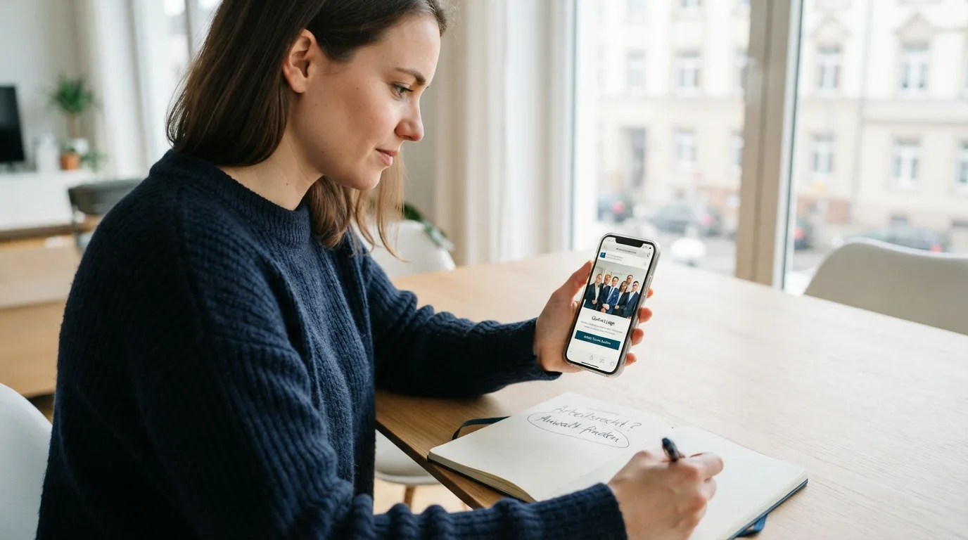 Empfangstresen einer Kanzlei mit blauen Mappen und einem Telefon, das gerade abgenommen wird