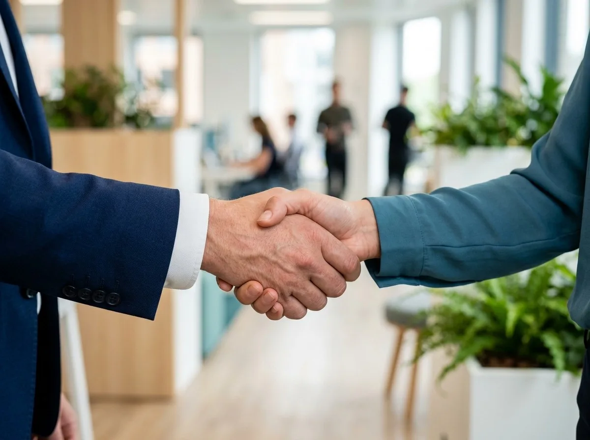 Handschlag zwischen zwei Geschäftspartnern in einem hellen, modernen Büro