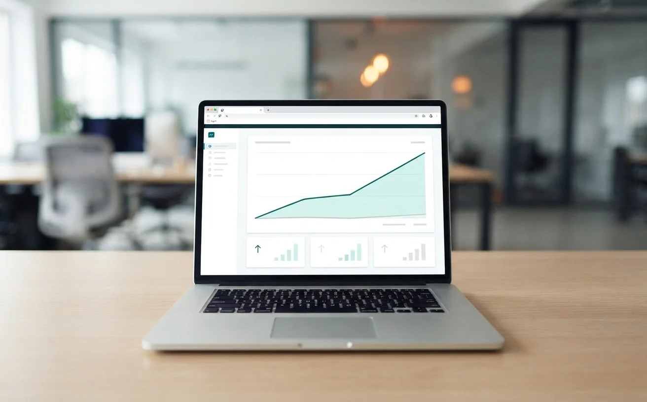 Laptop mit Dashboard: Der Umsatz steigt steil, die Kosten bleiben nahezu flach