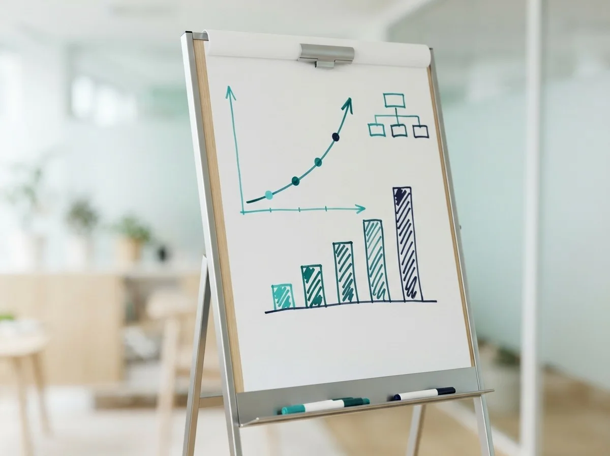 Flipchart mit steigender Wachstumskurve, Balkendiagramm und Organigramm