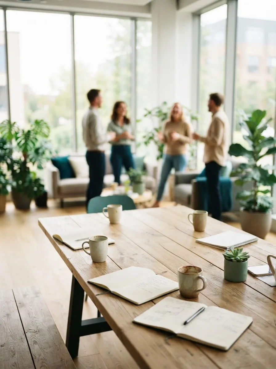 Heller Besprechungstisch mit Kaffeetassen und Notizbüchern, im Hintergrund ein Team im Gespräch