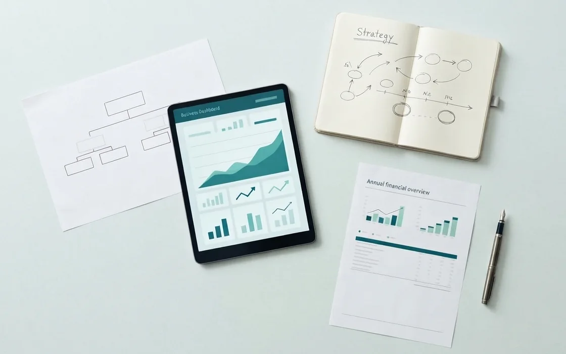 Tablet mit Wachstumskurve, Organigramm, Strategieskizze und Jahresübersicht auf einem Holztisch