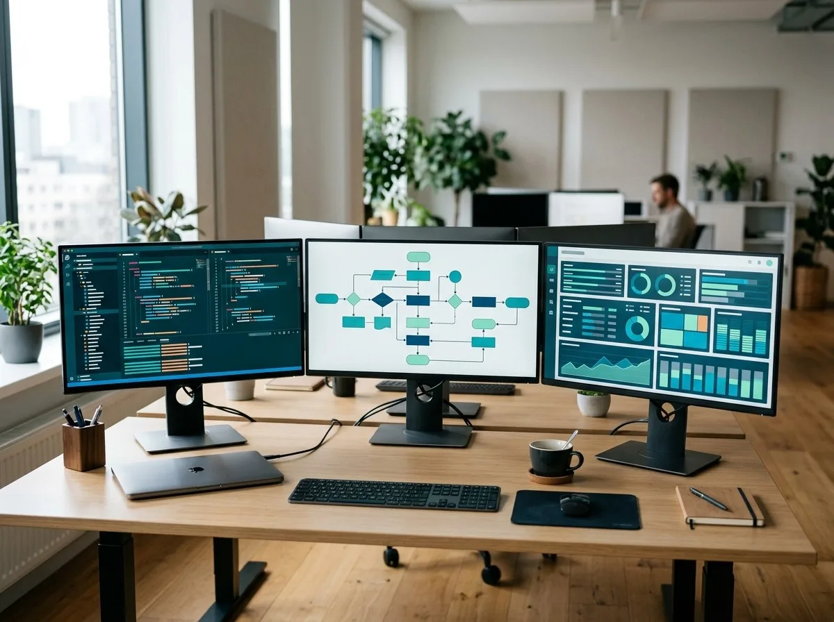 Drei Monitore mit Code, Ablaufdiagramm und Dashboard auf einem hellen Schreibtisch, im Hintergrund unscharf ein Büro