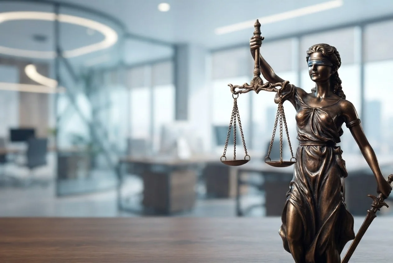 Justitia-Statue mit Waage auf einem Schreibtisch in einer hellen Kanzlei