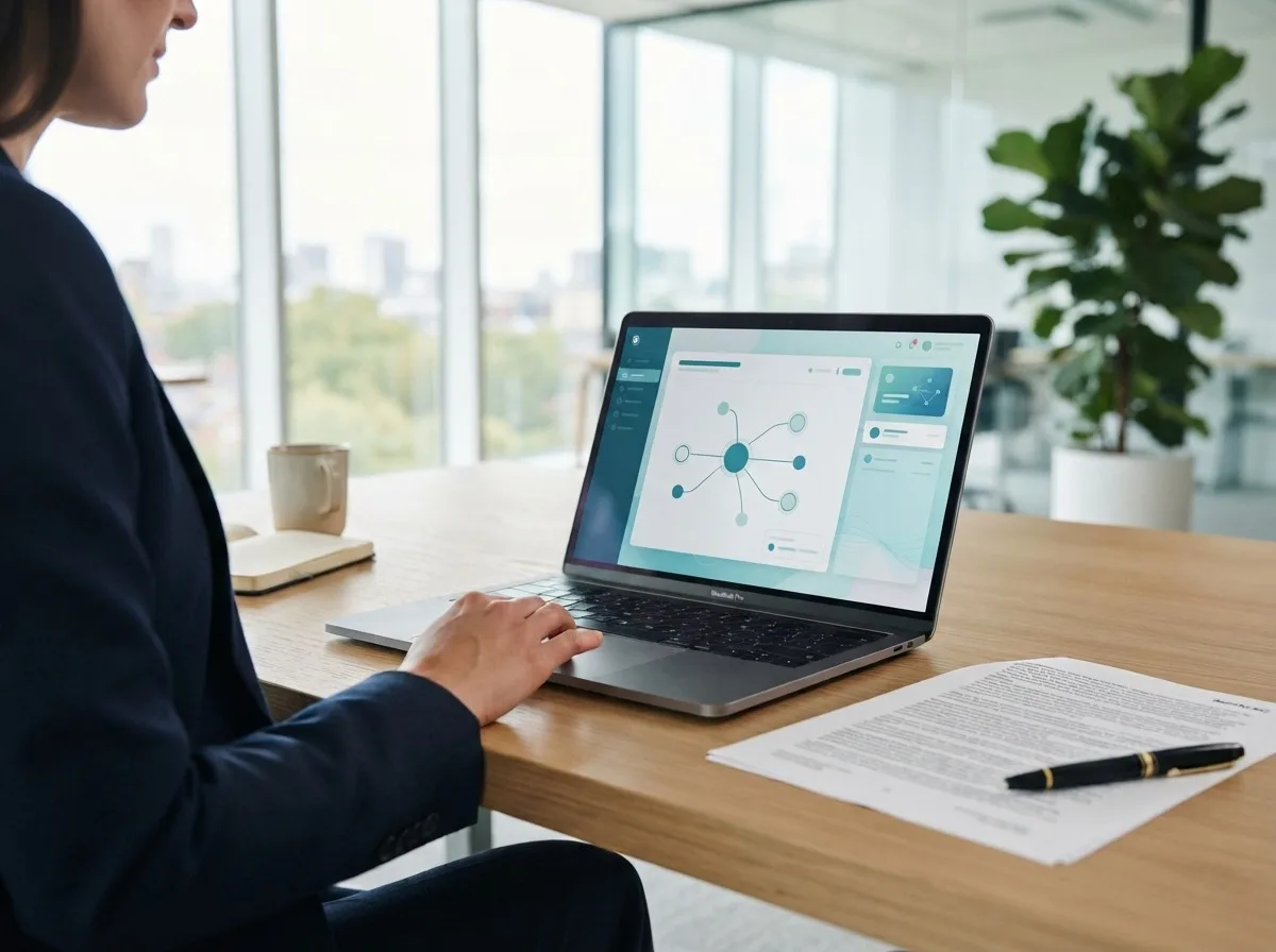 Juristin prüft am Laptop die Bewertung eines KI-Systems, daneben ein Vertragsdokument