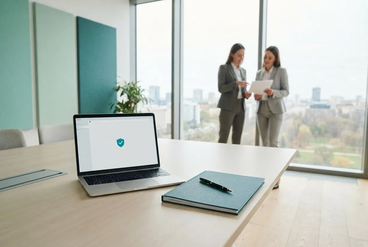 Laptop mit Schutzschild-Symbol und Leitlinien-Mappe auf einem Konferenztisch, im Hintergrund zwei Juristinnen