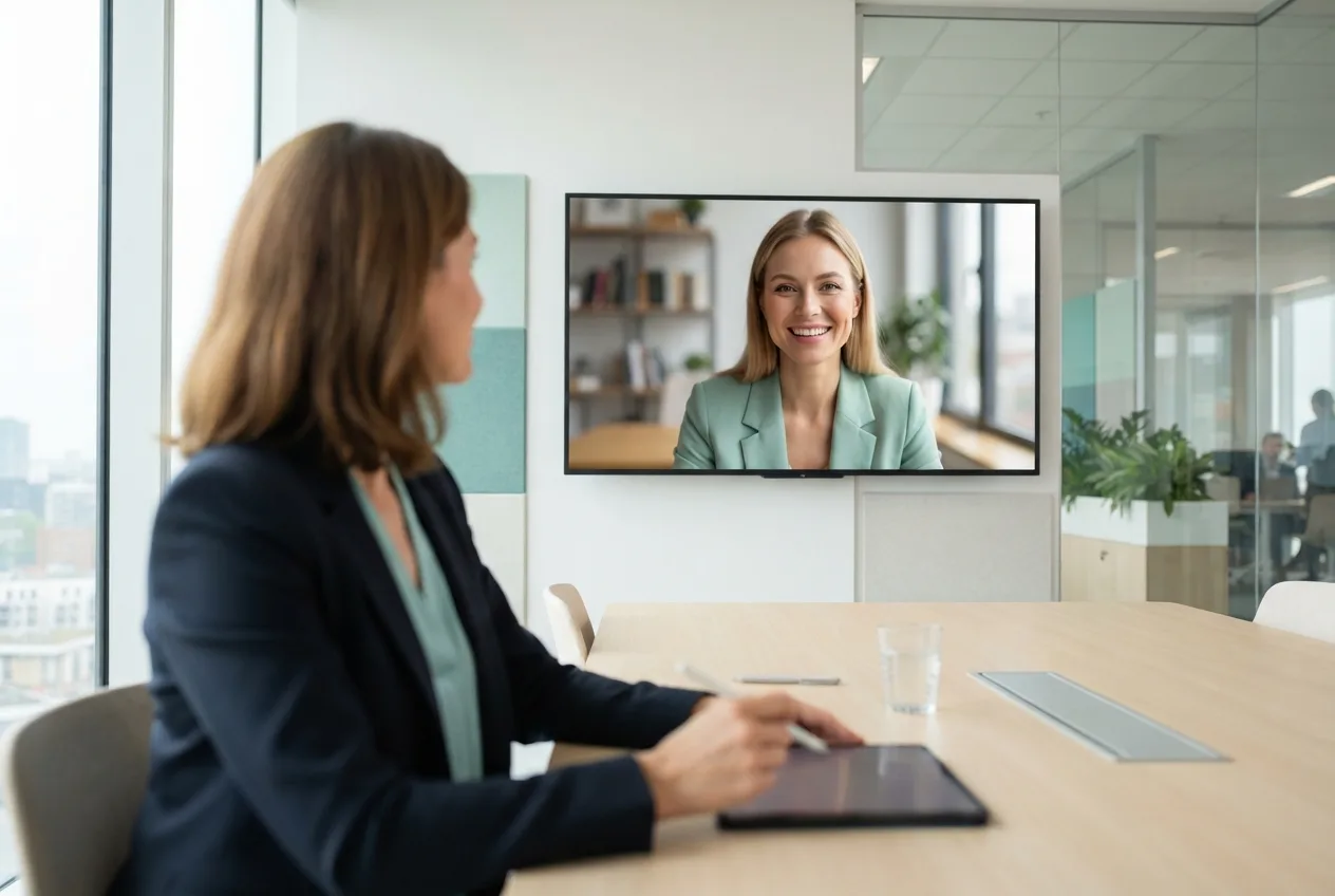 Anwältin im Videogespräch mit einer Mandantin auf einem großen Bildschirm