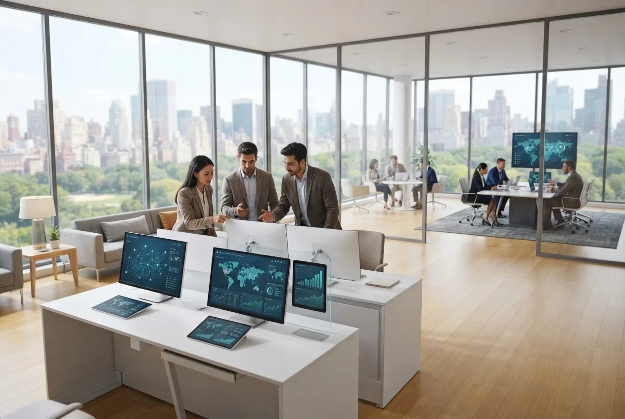 Modernes Büro mit Bildschirmen voller Wachstumskurven und Datenanalysen