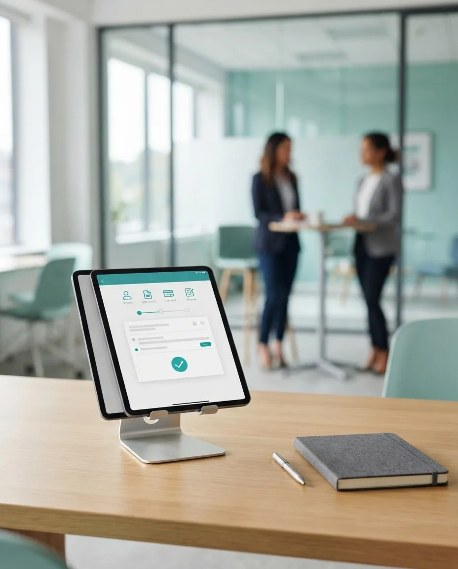 Tablet mit einer juristischen Self-Service-Anwendung auf einem Schreibtisch, im Hintergrund ein modernes Büro