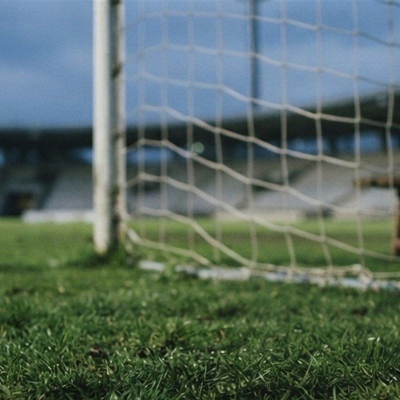 Fu&szlig;balltor mit Netz auf einem Rasenplatz, dahinter eine leere Tribüne