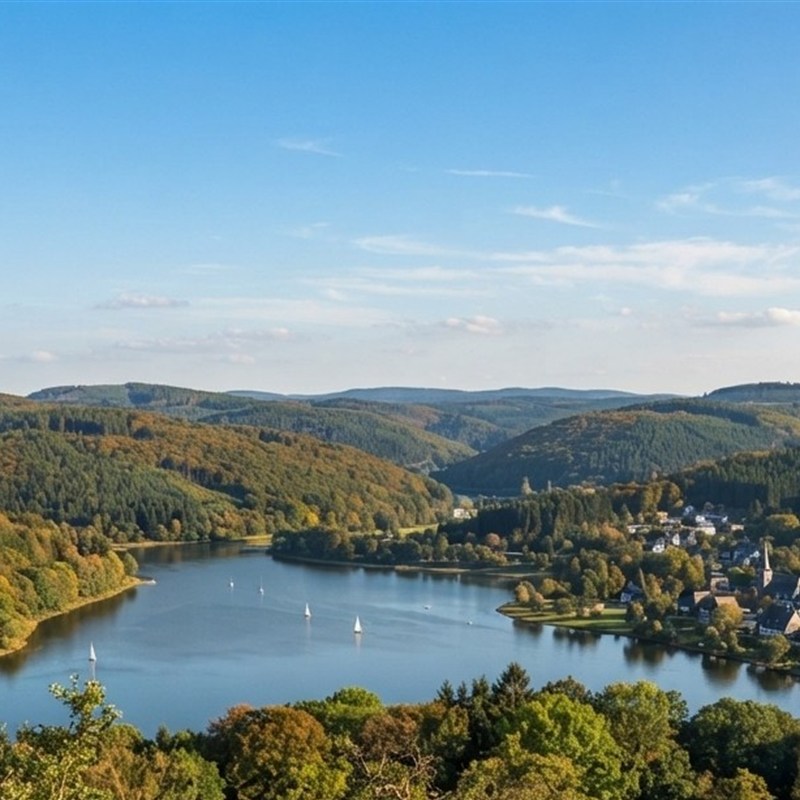 Blick &uuml;ber eine Talsperre im Sauerland mit bewaldeten H&uuml;geln und einem Ort am Ufer