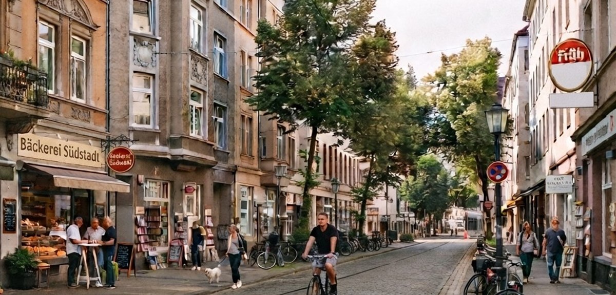 Stra&szlig;enszene in der K&ouml;lner S&uuml;dstadt mit Caf&eacute;, Altbauten und Kopfsteinpflaster